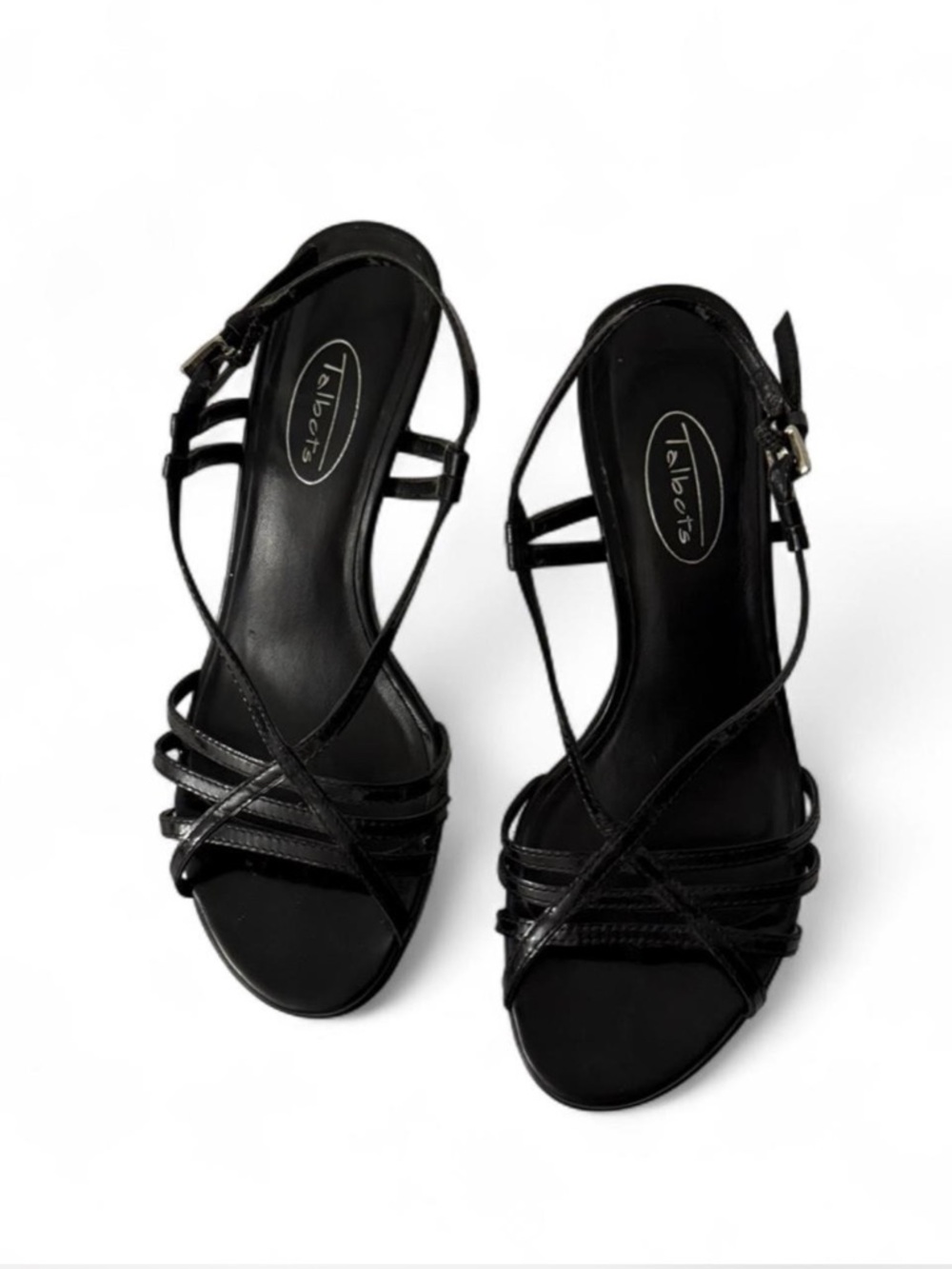 Talbots black leather strappy kitten heels